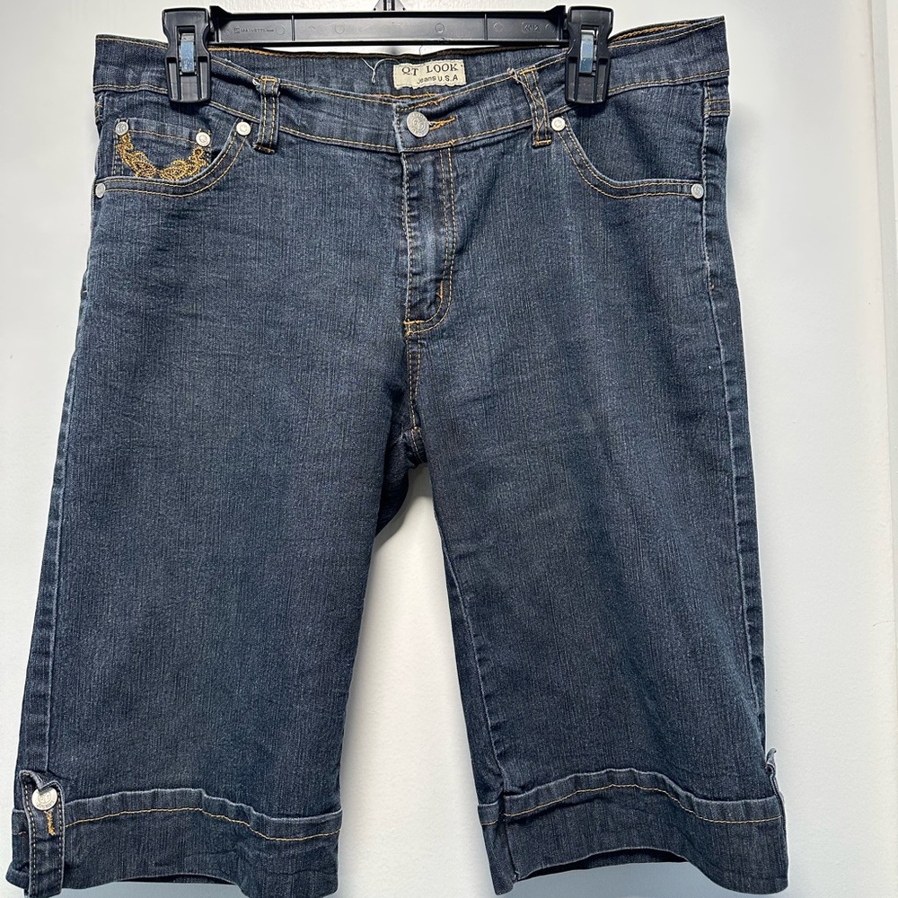 QT Look Dark Wash Denim Bermuda Shorts with Embroidered Pocket